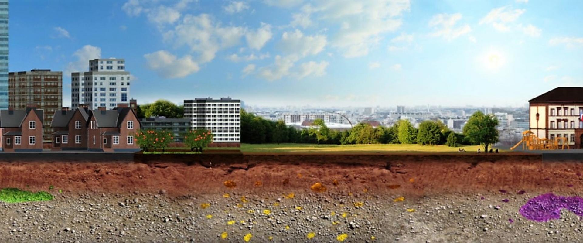 Vue d'artiste d'un profil de sol urbain. Extrait du film d'animation "Anciens sites industriels et établissements scolaires" - © Ministère en charge de l'environnement Vue d'artiste d'un profil de sol urbain