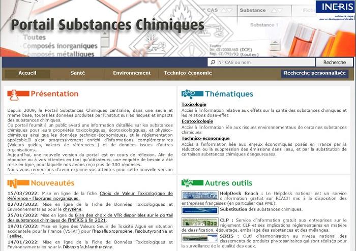 Page d'accueil du site internet du Portail Substances Chimiques