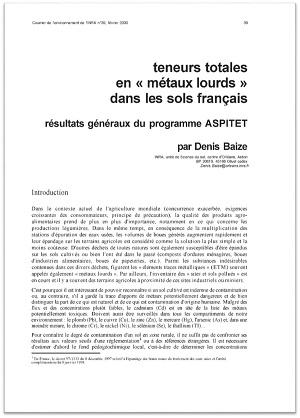 Couverture de l'article Teneurs totales en "métaux lourds" dans les sols français - Résultats généraux du programme ASPITET