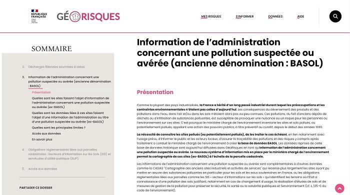 Page d'accueil de l'Information sur les Sites et sols pollués (ou potentiellement pollués) appelant une action des pouvoirs publics, à titre préventif ou curatif