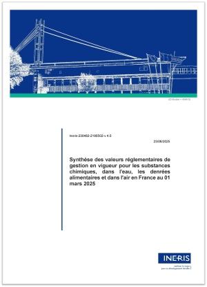 Couverture du rapport Synthèse des valeurs réglementaires de gestion en vigueur pour les substances chimiques, dans l'eau, les denrées alimentaires et dans l'air en France au 01 mars 2025