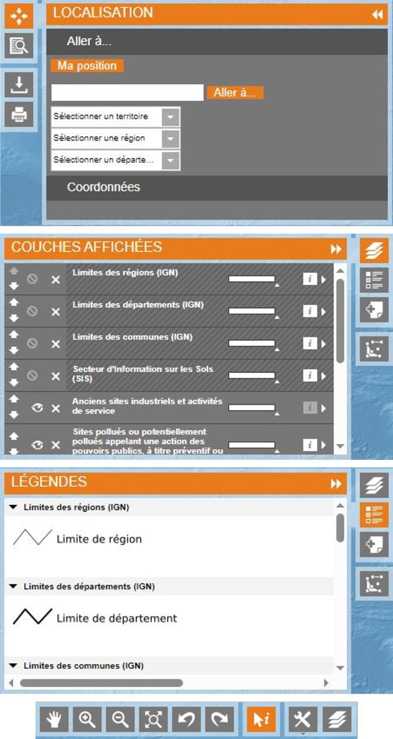 Images des outils du visualiseur pour modifier la localisation, gérer les couches actives, lire la légende et  pointer un objet pour lire des informations complémentaires